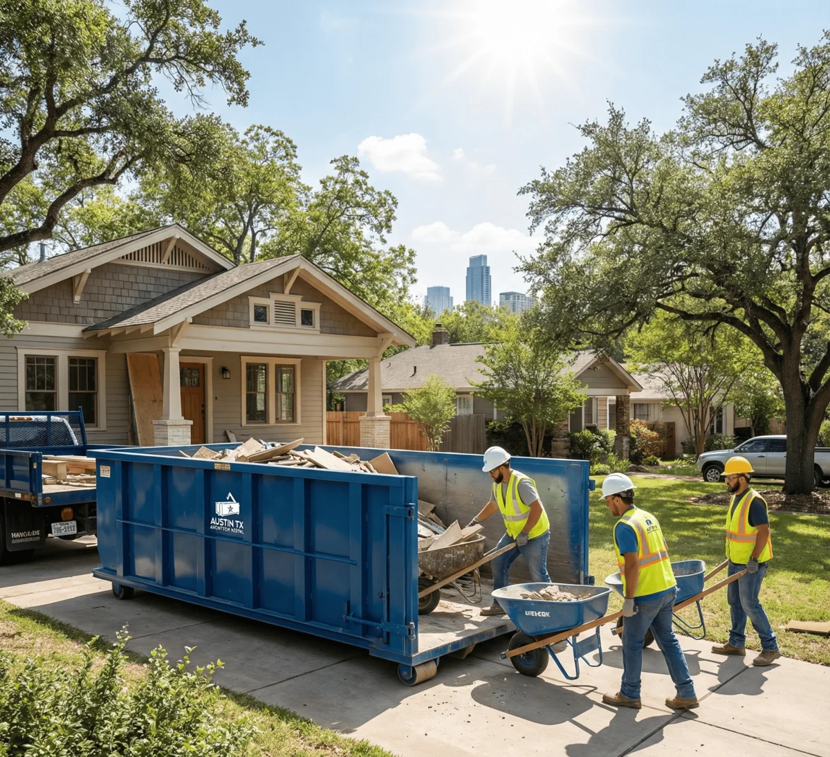 Professional crew loading construction debris into Austin TX Dumpster Rental blue roll-off container with Austin skyline visible in background